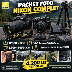 Pachet Foto Complet DSLR Nikon (D5100 + D80) | 2 Obiective (18-55mm & 70-300m)