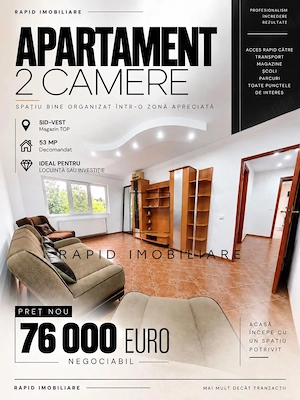 2 Camere | Etaj 3 | Magazin TOP | Sid-Vest | 53 mp | An '88 | Mobilat +Utilat 