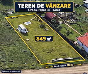 Vanzare Persoana Fizica  | Teren intravilan 849 mp | Calea Urseni   Giroc | Front 18 m |