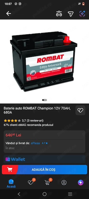 Baterie auto, acumulator Rombat 70 AH Ediție Aniversara , stare foarte buna  - imagine 4
