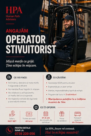 HPA recrutează stivuitorist pentru clientul său, un depozit din Dudeștii Noi, jud. Timiș.