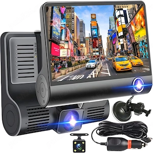 Camera auto DVR tripla, FullHD 1080P, inregistrare fata, interior si spate, display 4", Night Vision