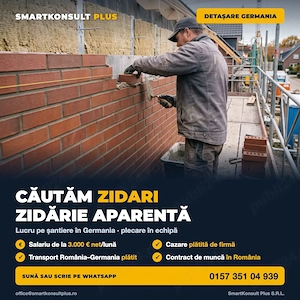 Zidar zidărie aparentă pentru Germania   3.000   net, cazare plătită