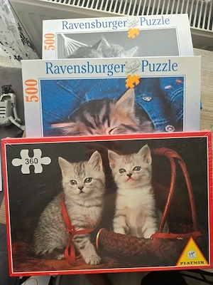 Set 3 puzzle-uri Ravensburger & Piatnik cu pisici   2x500 + 360 piese, vintage