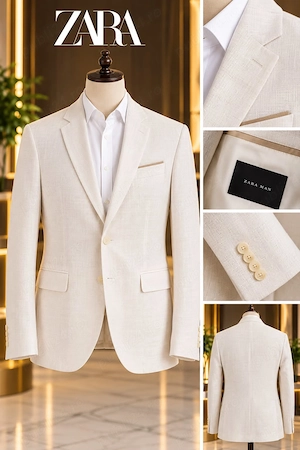 Sacou bărbătesc de in, Zara alb ivory, mărimea 48