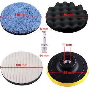 Set 8 Bureți Polish Auto 180 mm – Spumă + Lână, Pad Velcro, Adaptor M14 pentru Bormașină – SIQUK  - imagine 3