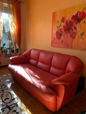 Set complet living: Canapea 3 locuri extensibilă și 2 fotolii, piele ecologică roșie