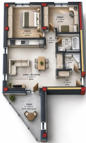 Apartament cu 3 camere, 72 mp, zona Terra Gardens, Comision 0