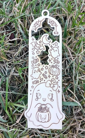 Semn de Carte Halloween din Lemn cu Fantomă, Dovleac și Lilieci   Model Cute, Cadou pentru Copii