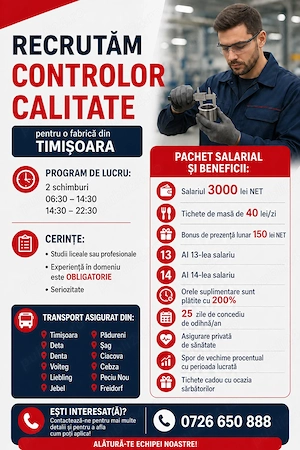Controlor calitate - 2 schimburi - 3.000 net + beneficii