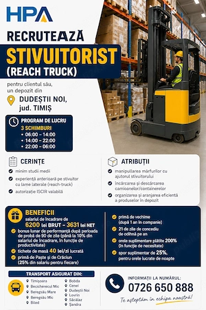 Recrutam Stivuitorist - 3 sch - 6.200 brut + beneficii 