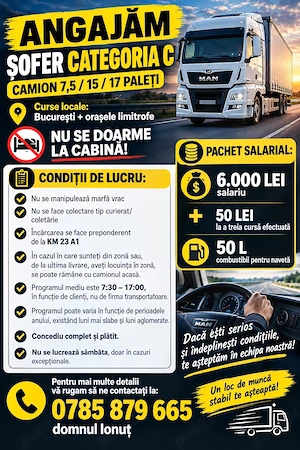Angajăm șofer categoria C camion 7,5T