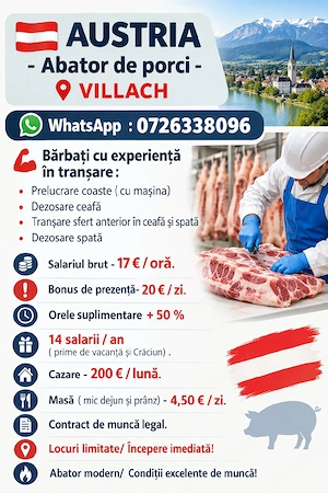 Austria - Locuri de muncă pentru măcelari profesioniști  ! 