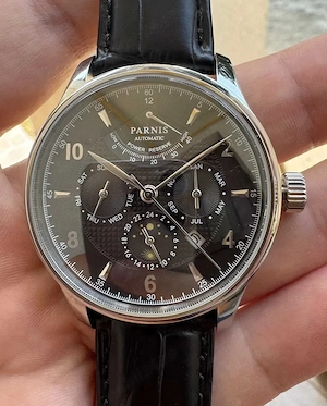 Parnis 26 Jewels Luxury 42mm Moon Phase Automatic Men Watches Leather Strap Miyota 9100 Blue DIal Po