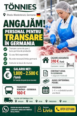 Angajăm muncitori in abator Germania cu sau fara experienta