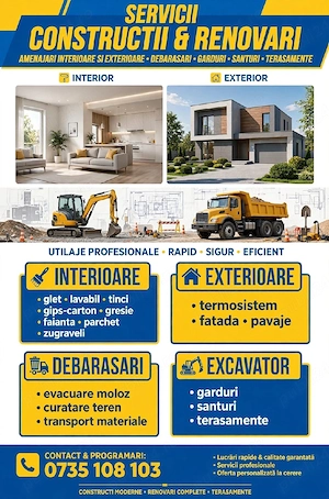 Amenajari interioare si exterioare,terasamente debarasari si inchirieri utilaje