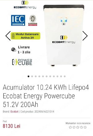 invertor deye hybrid trifazic 8kw lv si baterie 10.24kw lifepo4 powercube 51.2v 200ah