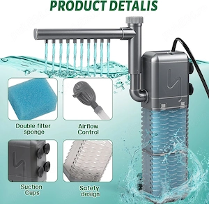 Filtru Intern pentru Acvariu 9W, 800L h, cu Bară de Pulverizare și 2 Bureți de Schimb - imagine 2