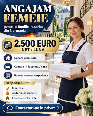 Angajam femeie in Germania   2.500 euro net luna, cazare asigurata, fara experienta