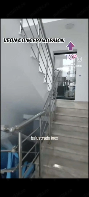 Lucrare - perete cortină din aluminiu, ușă automată, balustradă din inox.