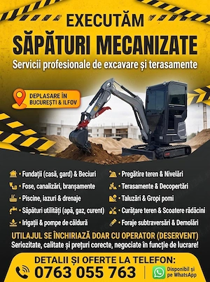 Servicii cu miniexcavator, săpături pentru fundații, șanțuri, fose, etc.