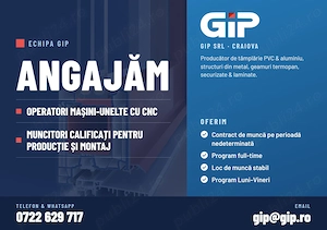 Angajam operator masini unelte cu CNC si muncitori calificati.