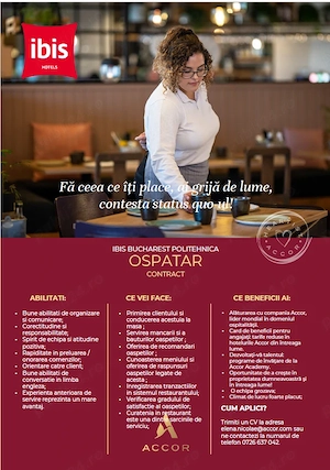 Angajare Ospatar Barman Ibis Politehnica Bucuresti