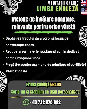 Profesor certificat - Meditații Limba Engleză Online (Copii sau Adulți) - Prima ședință gratuită