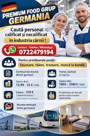 Locuri de muncă  la abator- Germania - Fără experiență  ! 