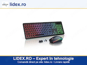 XPQKDC  Set Tastatura si Mouse Wireless, Iluminare RGB cu Litere Iluminate, Reincarcabile, Dimensiun