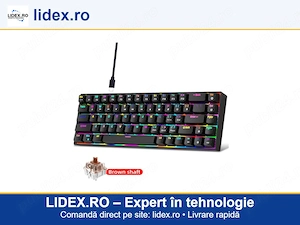 Tastatura Mecanica Gaming, 60%, RGB, Lumini LED, 68 taste, cu cablu Type-C, Switch-uri Brown Axis si