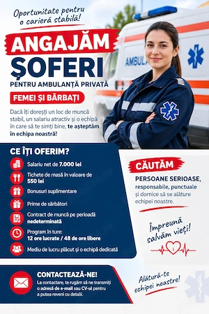 Angajăm urgent șoferi pentru ambulanță privată   salariu 7.000 lei net!