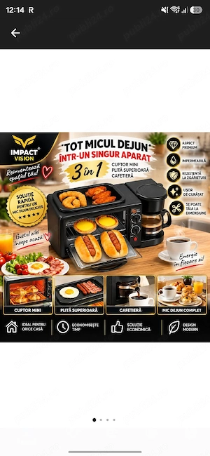 Aparat electric de mic dejun 3 in 1,  aparat de cafea, cuptor si tigaie, cu tava si grill