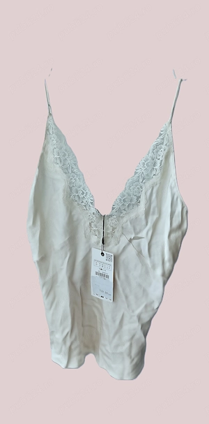 Zara Top  Bluza de dama cu bretele si dantela, bej, matasoasa, cu eticheta