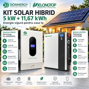 Kit solar hibrid Off-Grid 5 kW Donnergy DL-OH5000TL + Baterie LiFePO4 Delongtop 11,67 kWh, 51,2 V