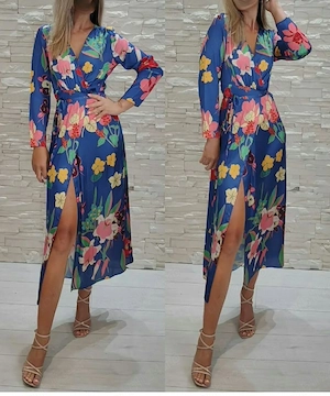 Rochie midi din satin petrecută, albastră cu flori   Mărimea M (recomand S)