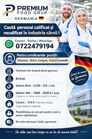 Locuri de muncă  la abator- Germania - Fără experiență  ! 