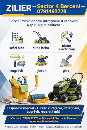 Caut de munca zilier scari de bloc tuns iarba ajutor electrician zugravit slefuit tras glet plata la