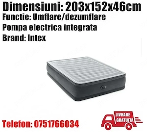 Saltea Pat Gonflabila Intex 2 Persoane Cort Oaspeti Dormit Pompa Electrica Incorporata 203 x 152 X 4