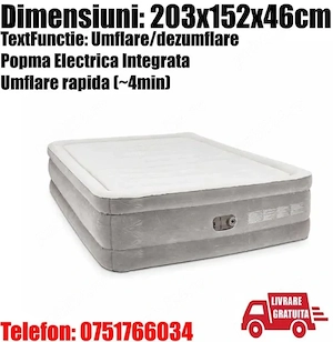 Saltea Pat Gonflabila 2 Persoane Cort Oaspeti Dormit Pompa Electrica Incorporata 203x152X46