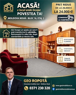 Apartament 3 camere etaj 2 in Moldova Noua