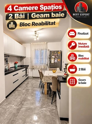 4 Camere Spațios | 2 Băi | Geam baie|  Bloc Reabilitat | Ideal pentru Familie