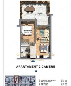 Apartament cu 2 camere, terasa si loc parcare