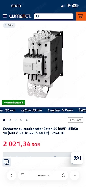 Vând contactor trifazat NOU pentru compensare factor de putere EATON DILK50-10