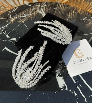 Diadema mireasă dublă model ramuri dantelate, Luisiana, zirconii cubice, placată aur alb