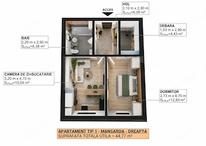 Apartament cu 2 camere, 44,77 mp utili