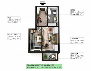 Apartament 1 cameră, 33,34 mp, balcon și bucătărie separată