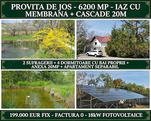 Provița de Jos - 6200 MP - IAZ cu MEMBRANĂ + CASCADE 20M - Casă 270 MP - 2 Livinguri + 4 Dormitoare 