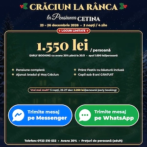 Crăciun la Rânca 2026   3 nopți, 1.550 lei persoană, pensiune completă