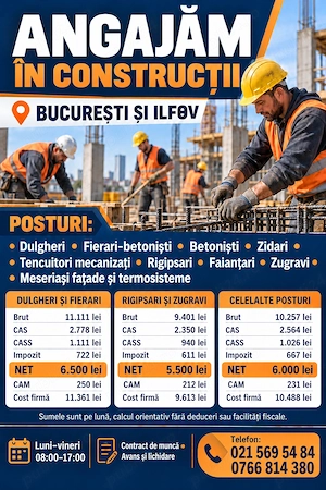 Angajăm muncitori în construcții!